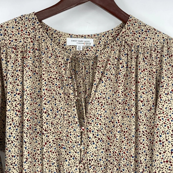 Sweet Baby Jamie Ditsy Shirt Dress Women Size XS Tan Blue Speckled Tiered Ruched - Picture 4 of 13